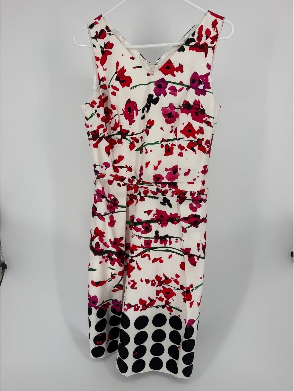 David Meister Dress Size 8 Floral Polka Dot Fit Flare Midi Belted Cotton